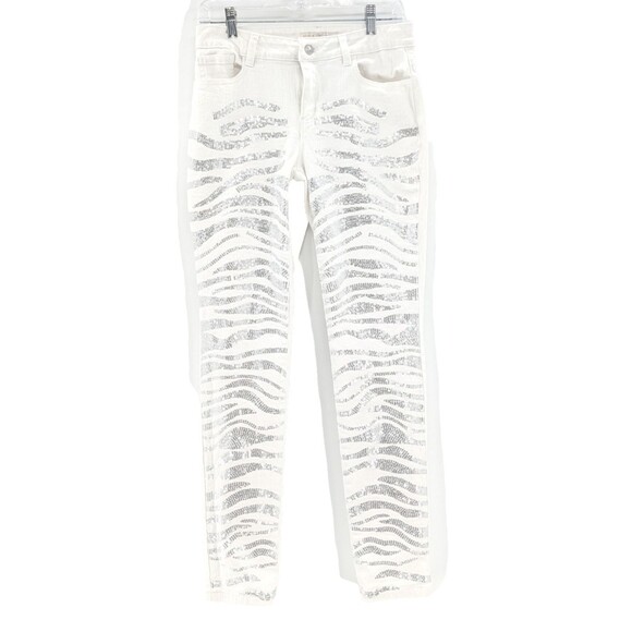 Boston Proper White Silver Sequin Zebra Mid Rise Skinny Jeans Size 8 29X31 - Picture 1 of 8